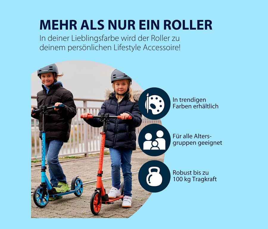 Zwei Kinder mit HUDORA Scooter »Up 200«, einer blau, einer orange, beide mit Helmen.