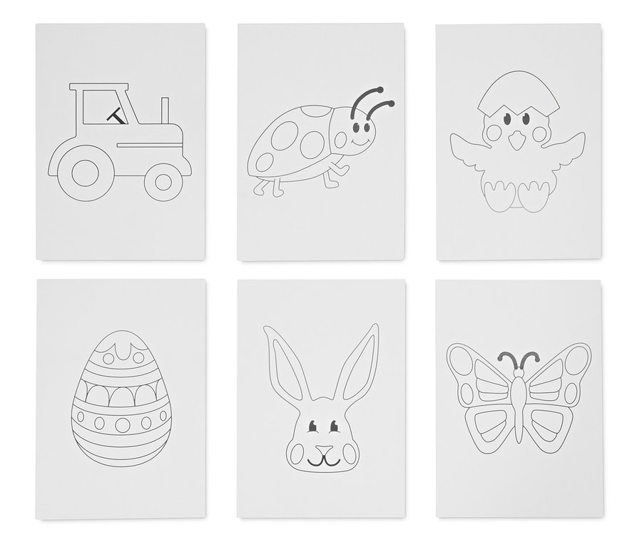 Sechs Malvorlagen zeigen einen Traktor, einen Marienkäfer, ein Küken, ein Osterei, einen Hasen und einen Schmetterling.