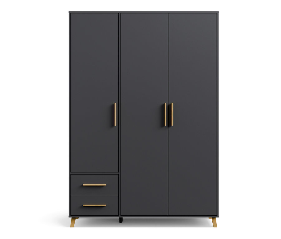 Ein grauer, metallic Drehtürenschrank "Shinjo" von Rauch mit 3 Türen und 2 Schubladen.