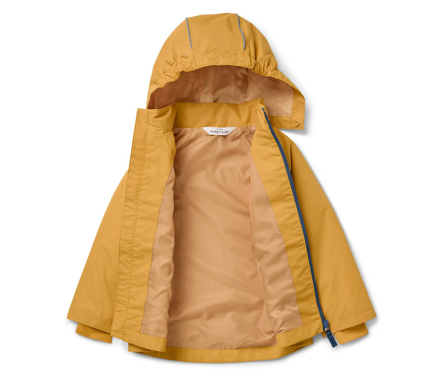 Eine offene, gelbe Jacke mit Kapuze und blauem Reißverschluss.