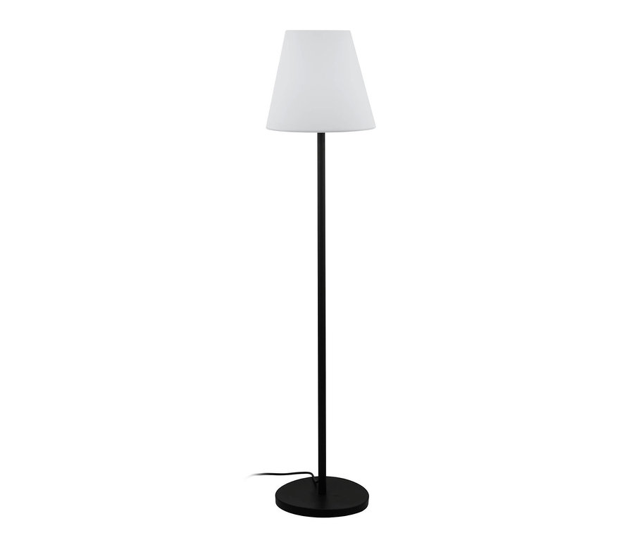 Schwarze Eglo Outdoor-Stehleuchte Alghera mit weißem Lampenschirm.
