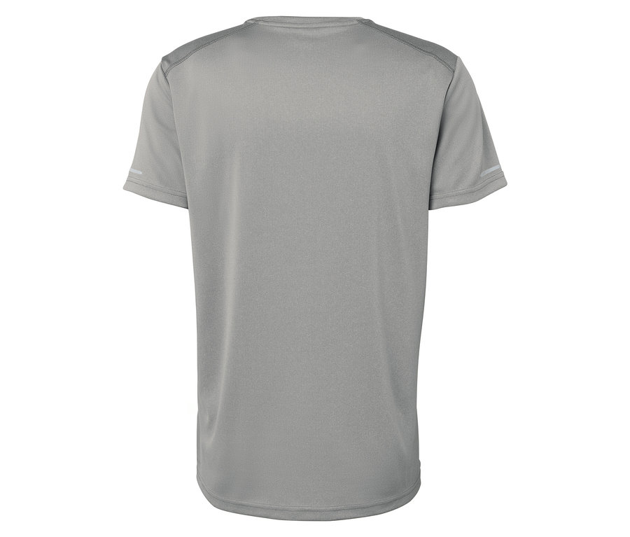 Rückansicht eines grauen Kurzarm-T-Shirts.