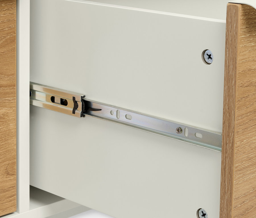 Detail einer geöffneten Schublade der Sitzbank »LEEG«.