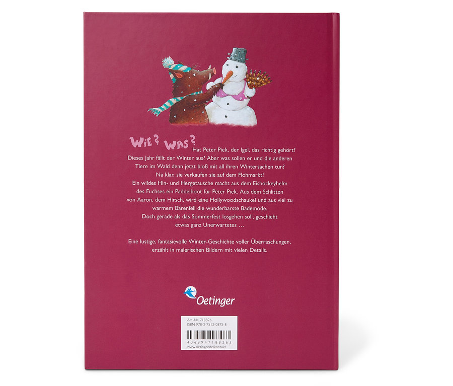 Abbildung der Rückseite eines Buches mit einer Illustration eines Fuchses und eines Schneemanns.