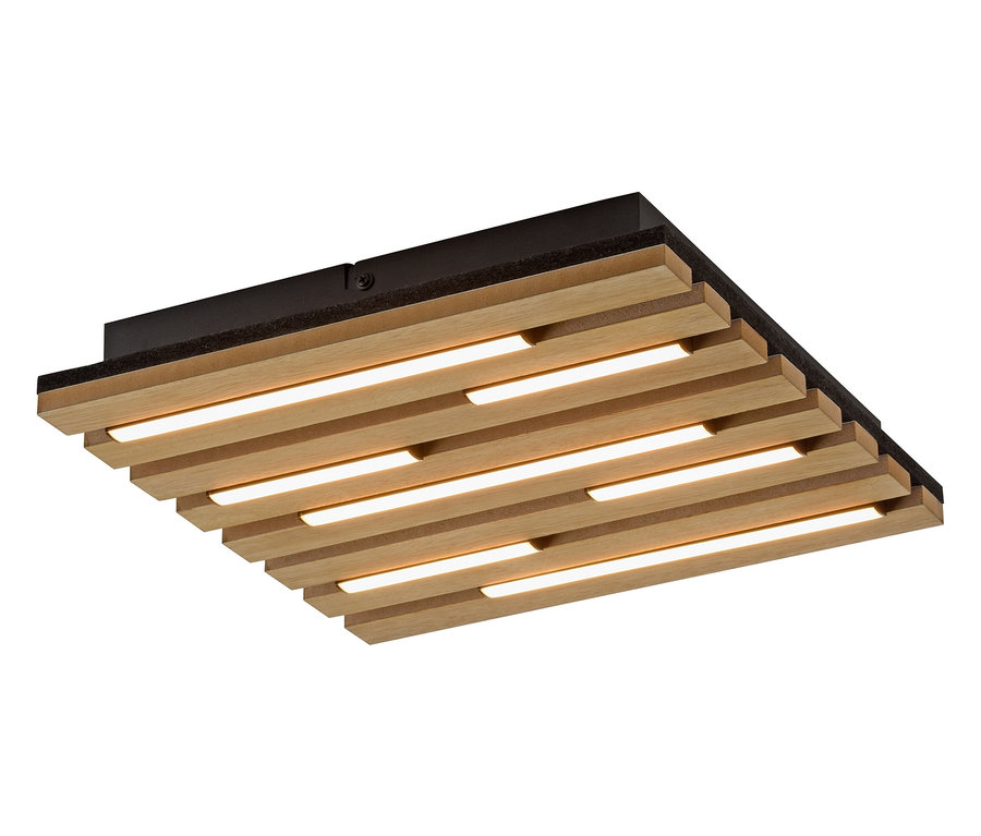 Quadratische Deckenleuchte mit Holzlamellen und integrierten LED-Streifen.