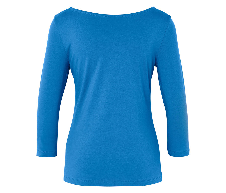 Blaues Langarmshirt mit Rundhalsausschnitt.