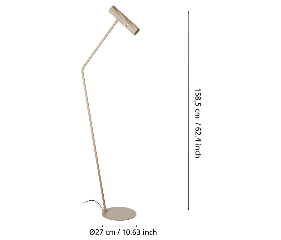 Beige Stehlampe mit rundem Sockel und zylindrischem Lampenschirm.