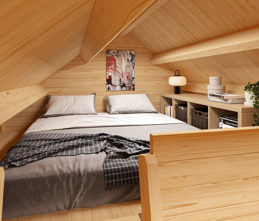 Schlafzimmer im Dachgeschoss mit Bett, Nachttisch und Weka Designhaus mit Schlafboden »M445A«, 44 mm Wandstärke.