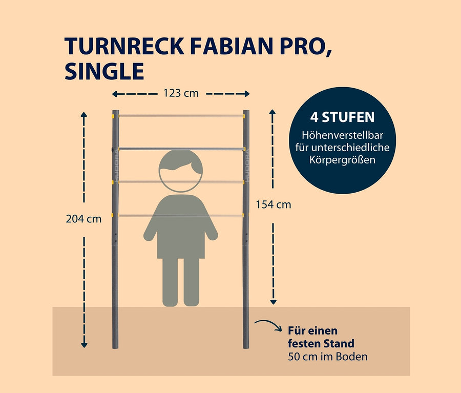 Illustration der Abmessungen des HUDORA-Turnrecks »Fabian Pro«.