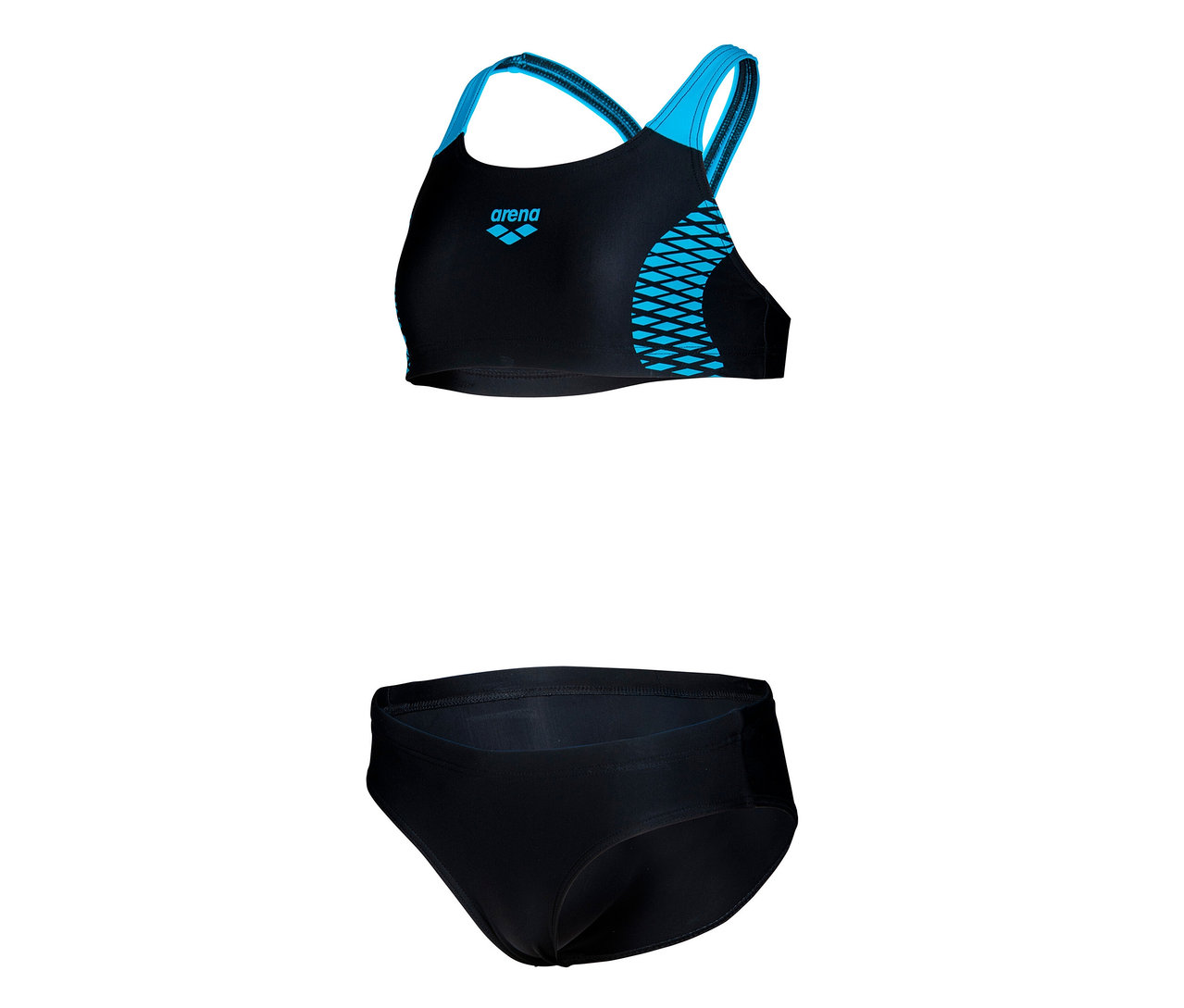 Zweiteiliger arena Feel Kinder-Bikini Openings Energy Back in Schwarz mit blauen Details.