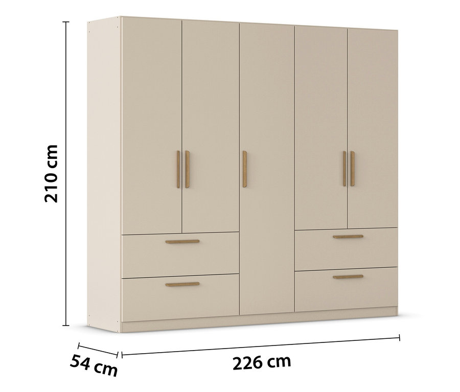 Beiger Kleiderschrank mit sechs Türen und zwei Schubladen, Abmessungen 210 x 226 x 54 cm.