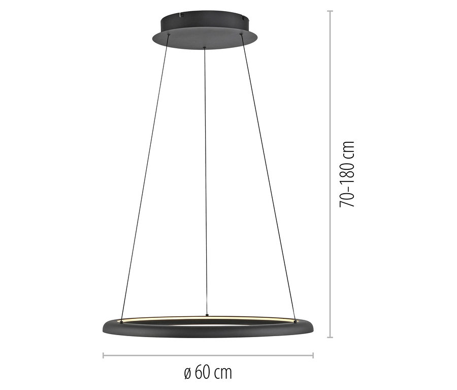 Eine schwarze, runde Hängeleuchte mit LED-Beleuchtung, 60 cm Durchmesser und einer einstellbaren Höhe von 70-180 cm.