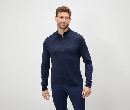 Mann mit braunen Haaren und Bart trägt einen blauen Pullover mit Reißverschluss und blaue Hosen.