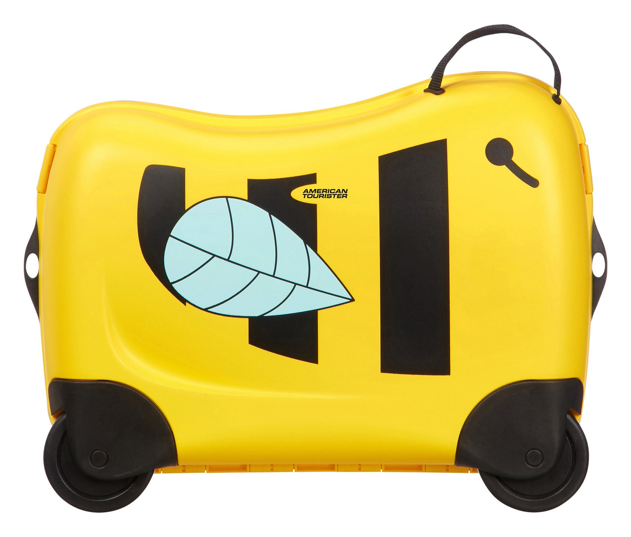 Gelber American Tourister »Funrider« Aufsitzkoffer im Bienendesign mit schwarzen Rädern.