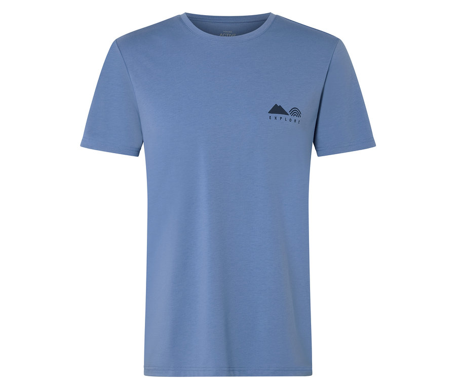 Hellblaues T-Shirt mit der Aufschrift EXPLORE und einer Berglandschaft.