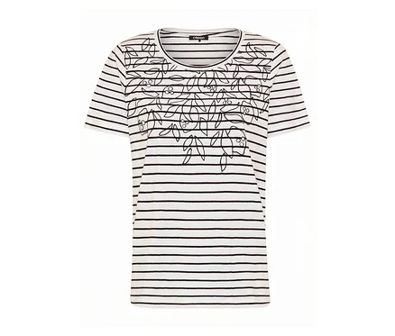 Olsen Shirt mit schwarzen Streifen und Blumenmuster auf weißem Grund.