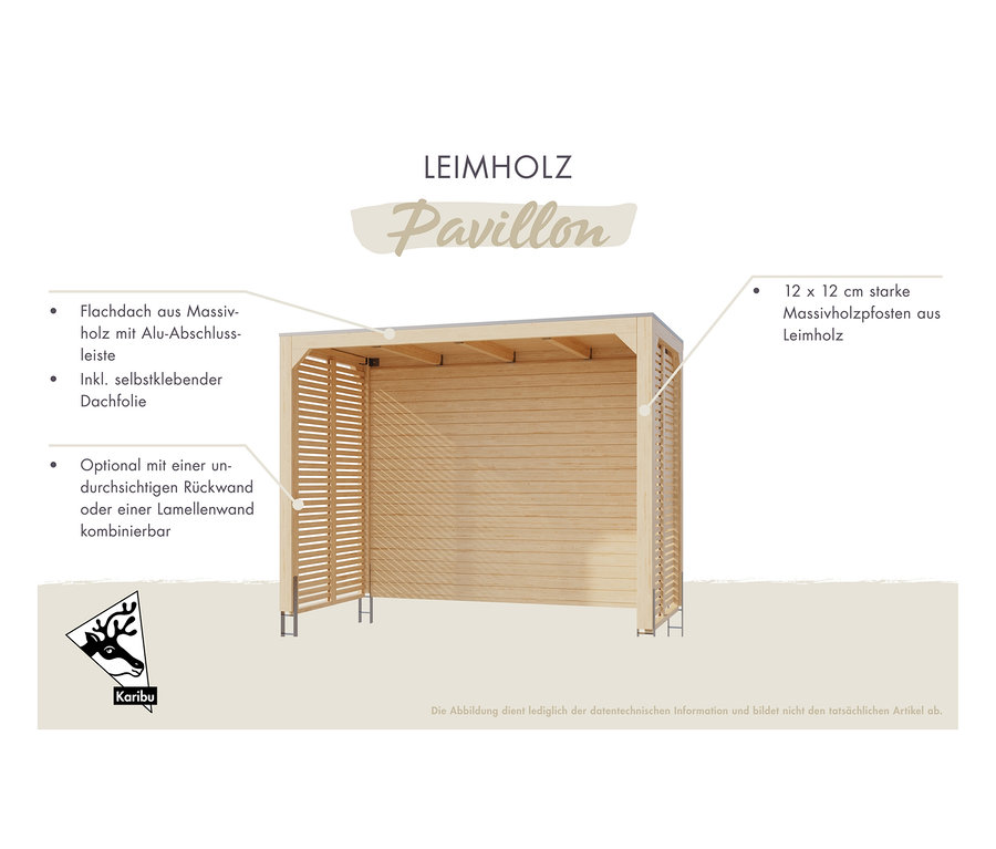 Darstellung des Karibu Pavillons »Markaska«, ca. 320 x 160 cm, aus 28 mm Holz.