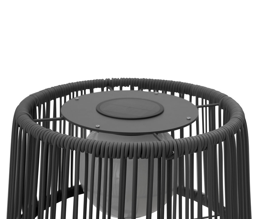 Detailansicht der anthrazitfarbenen Leco Solar Stehleuchte mit integriertem Tisch.