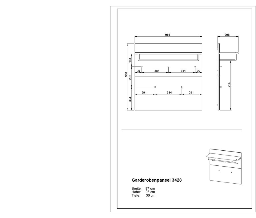 Technische Zeichnung eines Garderobenpaneels 3428 mit Breiten-, Höhen- und Tiefenangaben in Zentimetern.