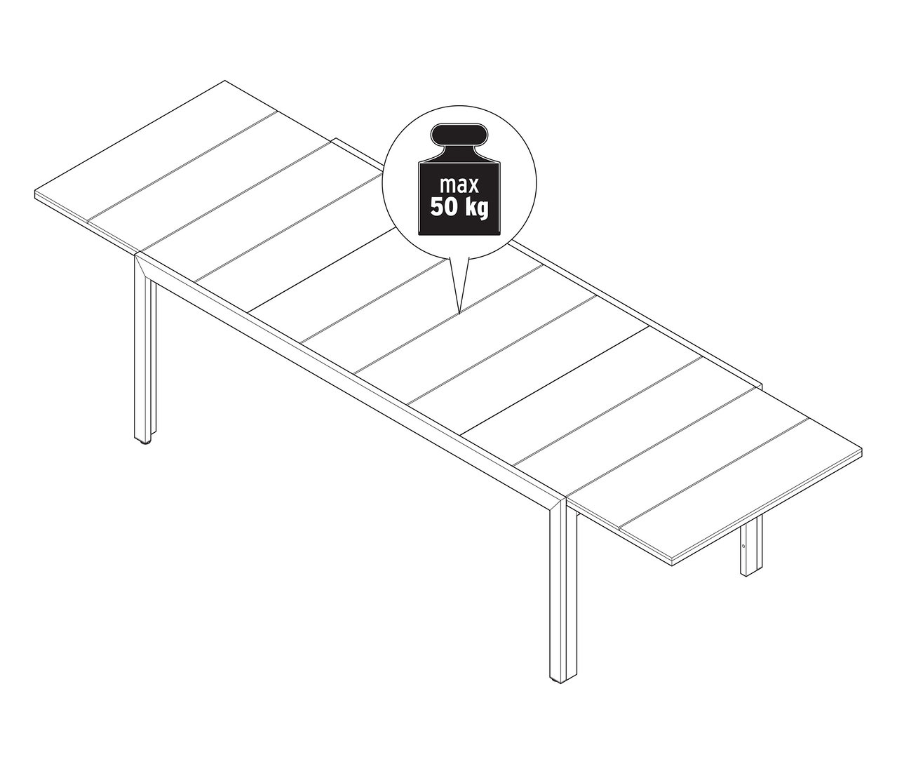 Illustration eines ausziehbaren Gartentisches mit Duraboard-Tischplatte, ca. 200-300 cm, mit einer maximalen Belastung von 50 kg.