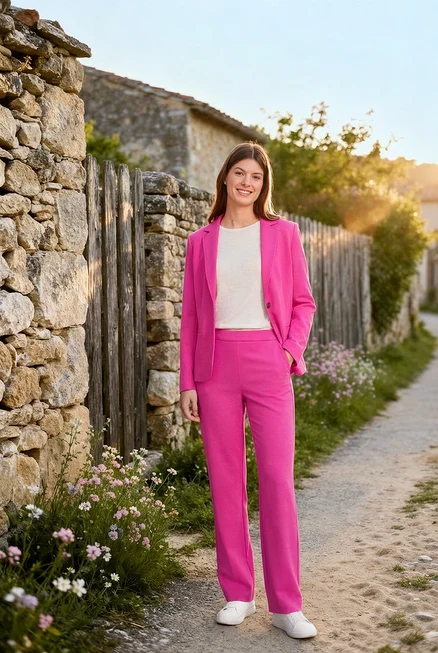 Frau trägt pinken Blazer und Hose mit Leder-Sneakern und 925 Silber Ohrsteckern Zirkoniabogen.