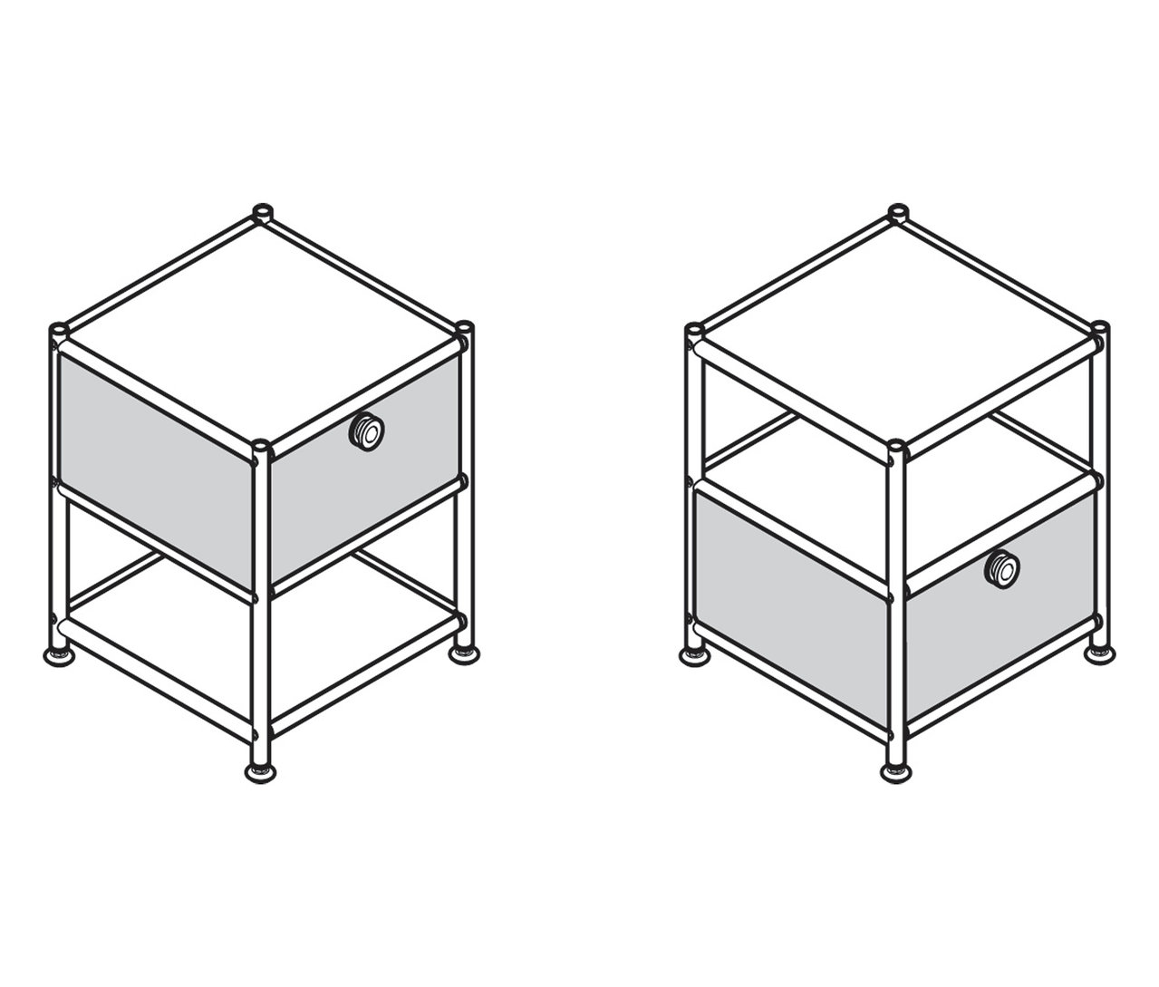 Zwei skizzenhafte Beistelltische Metall »CN3« mit je 1 Schublade sind dargestellt.