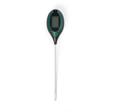 Ein Bodenfeuchtemessgerät mit einem ovalen, schwarz-grünen Kopf und einem langen, silbernen Stab.