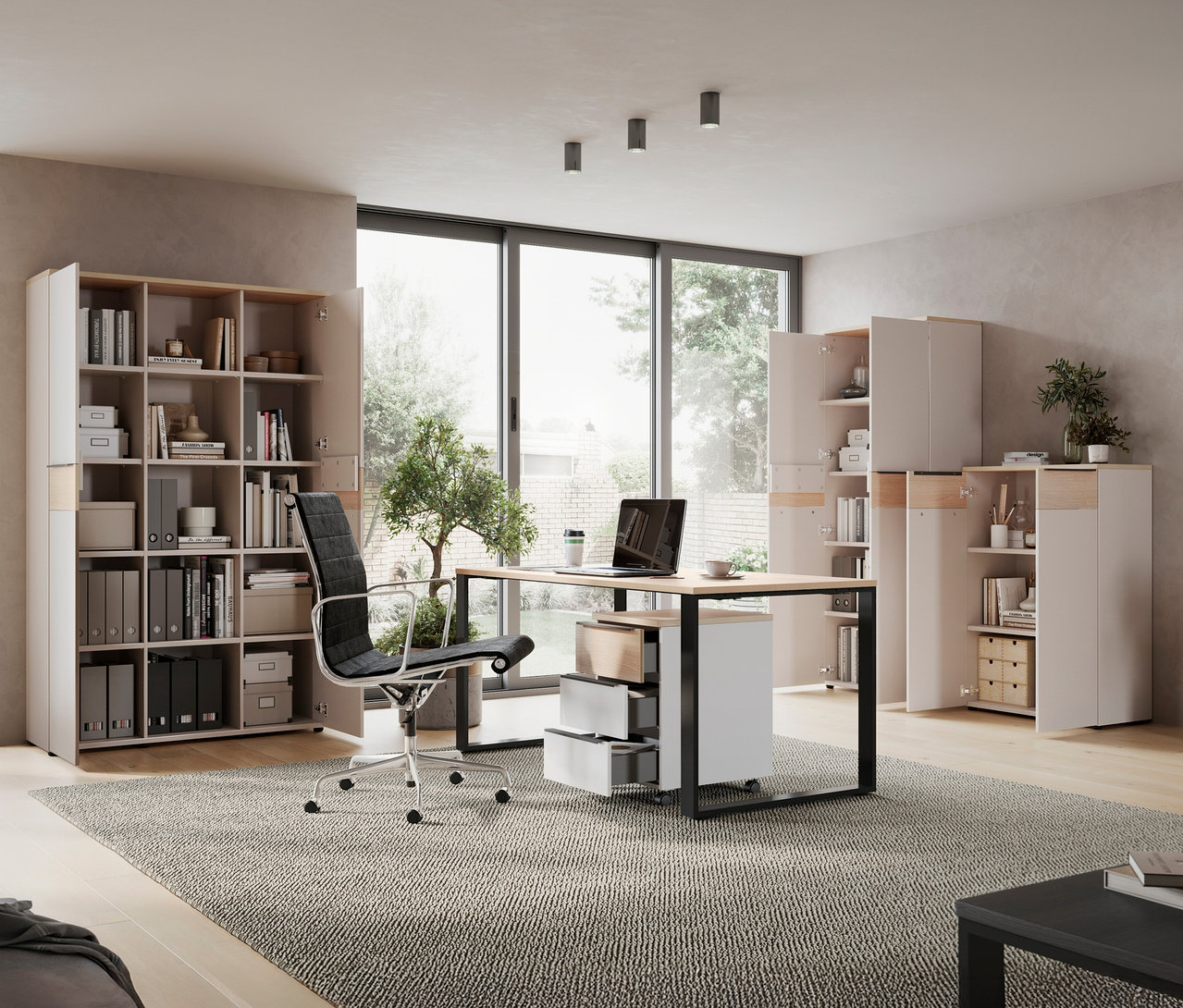 Einrichtung mit einem mittelgroßen »Oviedo« Aktenschrank, Schreibtisch und Bürostuhl.