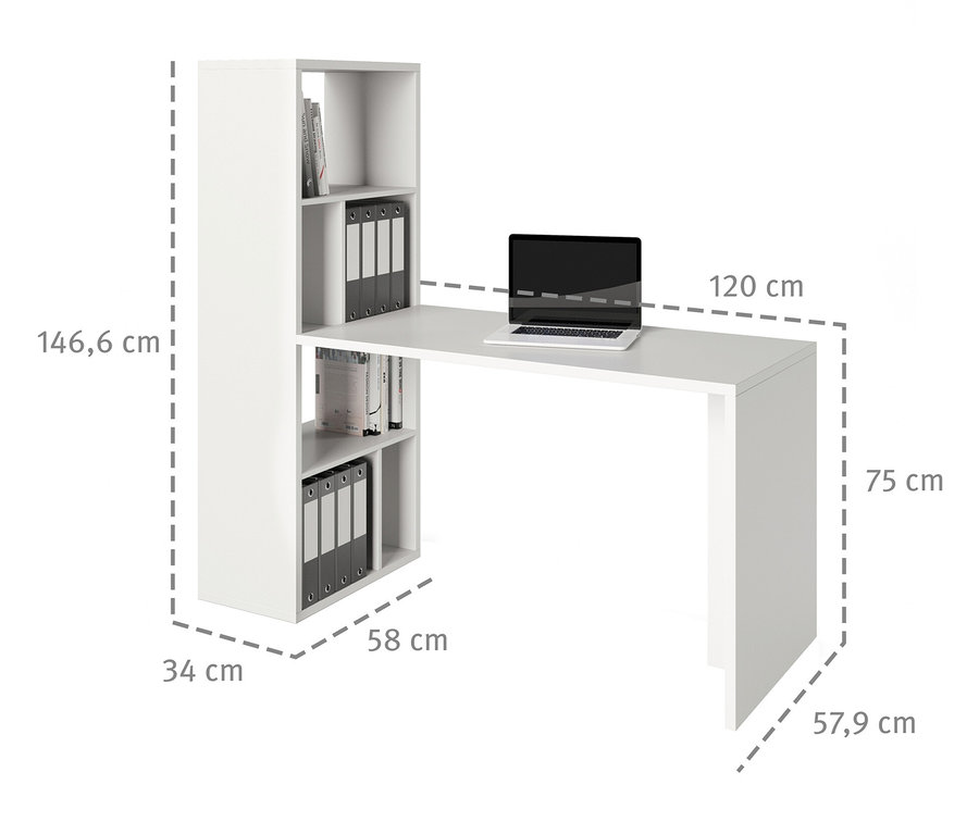 Weißes Roba Set, Regal mit Schreibtisch und einem Laptop darauf, mit Größenangaben.