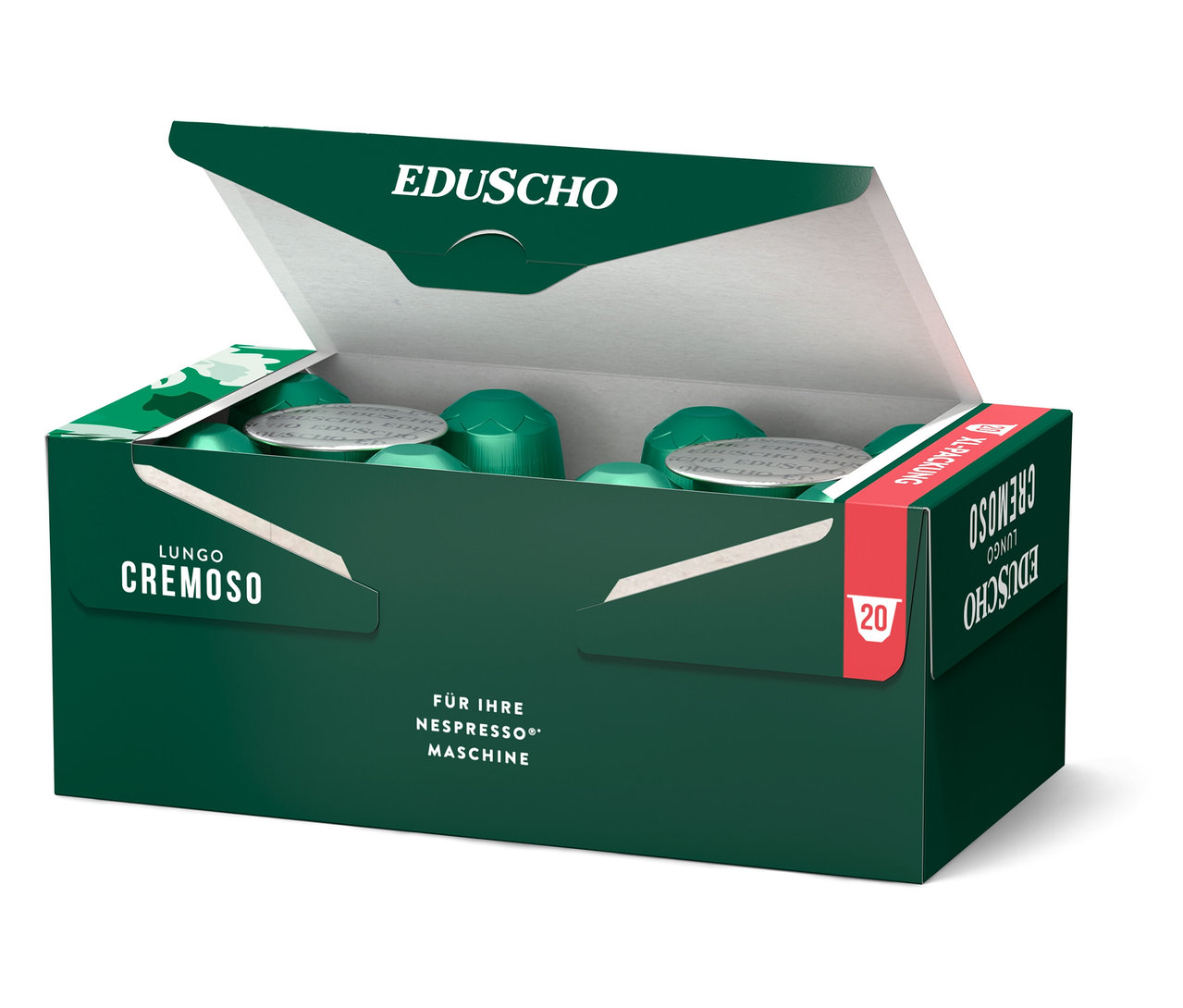 Geöffnete, dunkelgrüne Verpackung mit Eduscho Lungo Cremoso Kaffeekapseln.