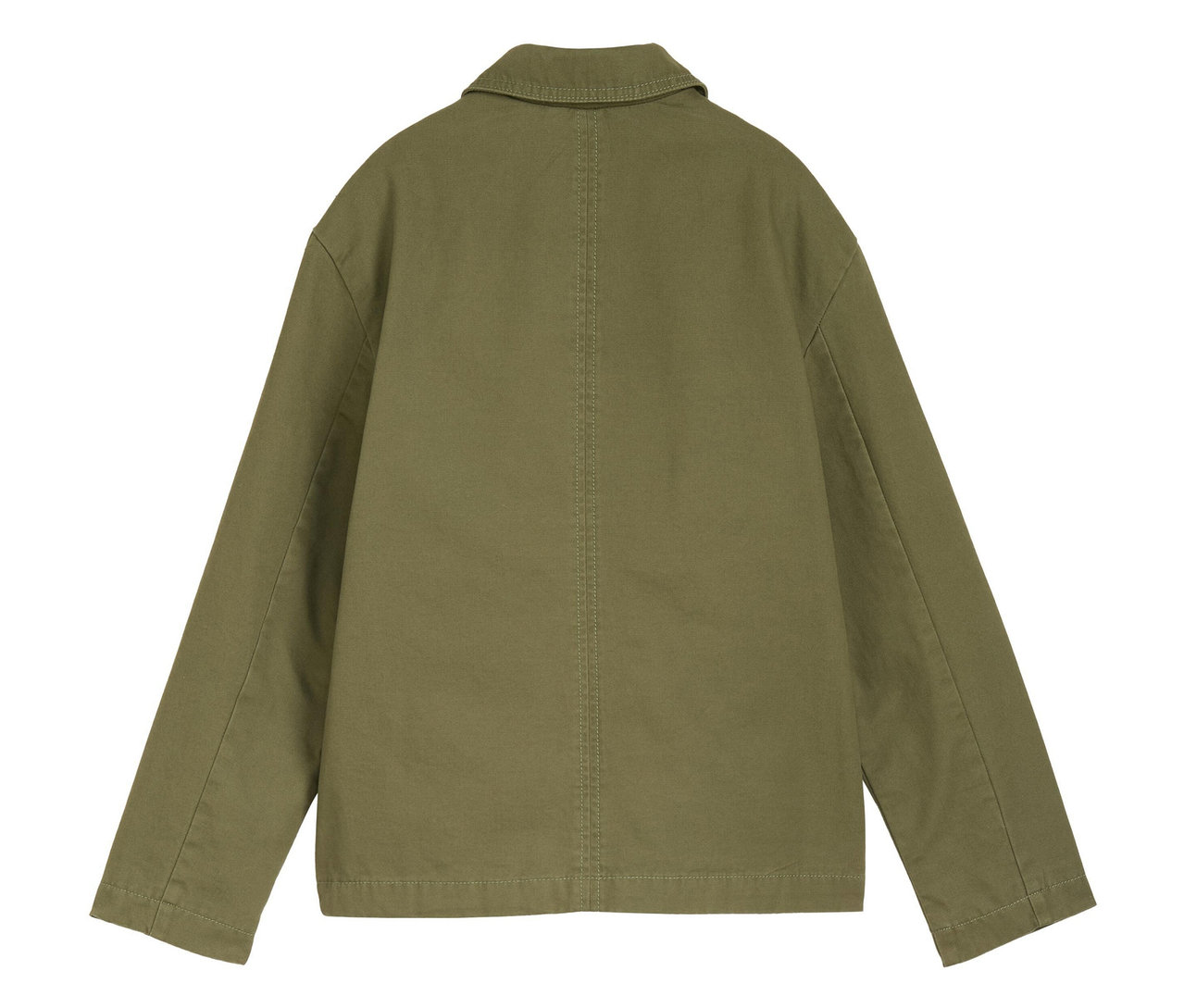 Rückansicht einer khaki-farbenen Jacke mit Kragen.