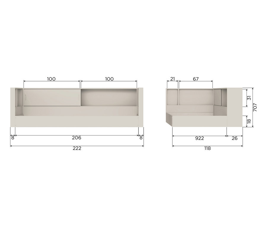 Zwei Ansichten eines hellgrauen Sofas mit Maßangaben.