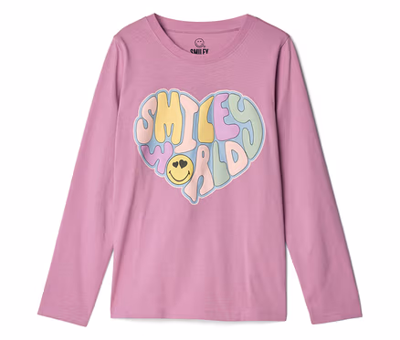Rosa Langarmshirt mit mehrfarbigem Smiley World Herz-Aufdruck.