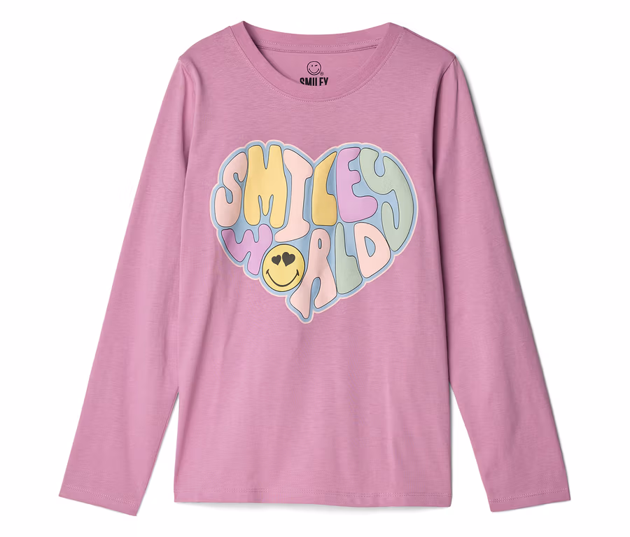 Rosa Langarmshirt mit mehrfarbigem Smiley World Herz-Aufdruck.