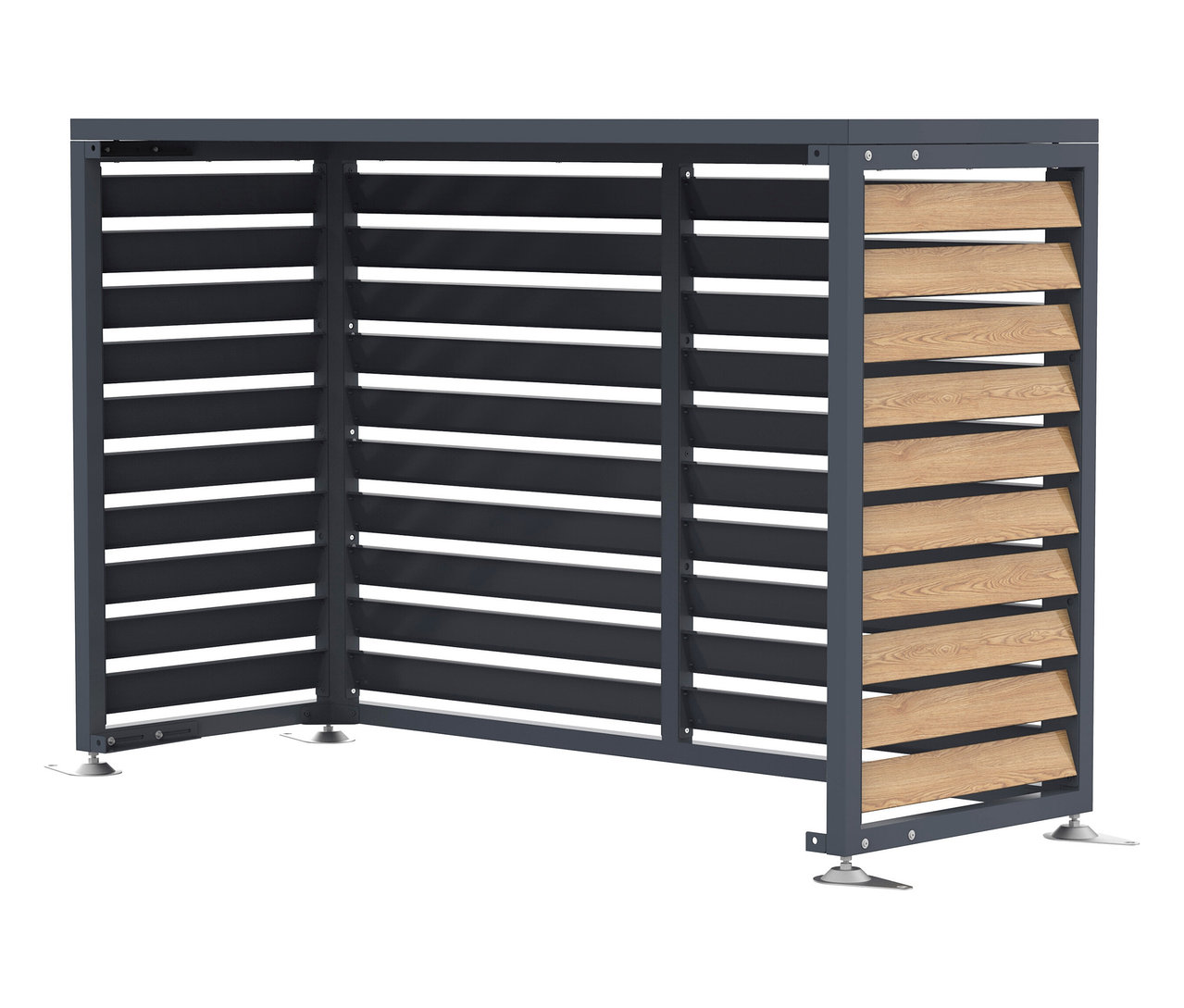 Eine graue Mülltonnenbox mit horizontalen Latten auf einem weißen Hintergrund.