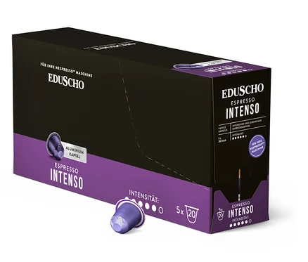 Eine Packung Eduscho Espresso Intenso Kapseln mit einer einzelnen Kapsel davor.