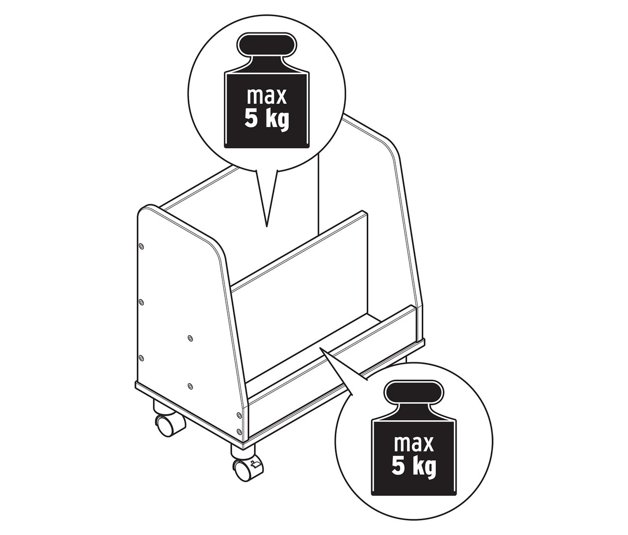 Schwarz-weiße Illustration eines Kinderbücherregals auf Rollen.