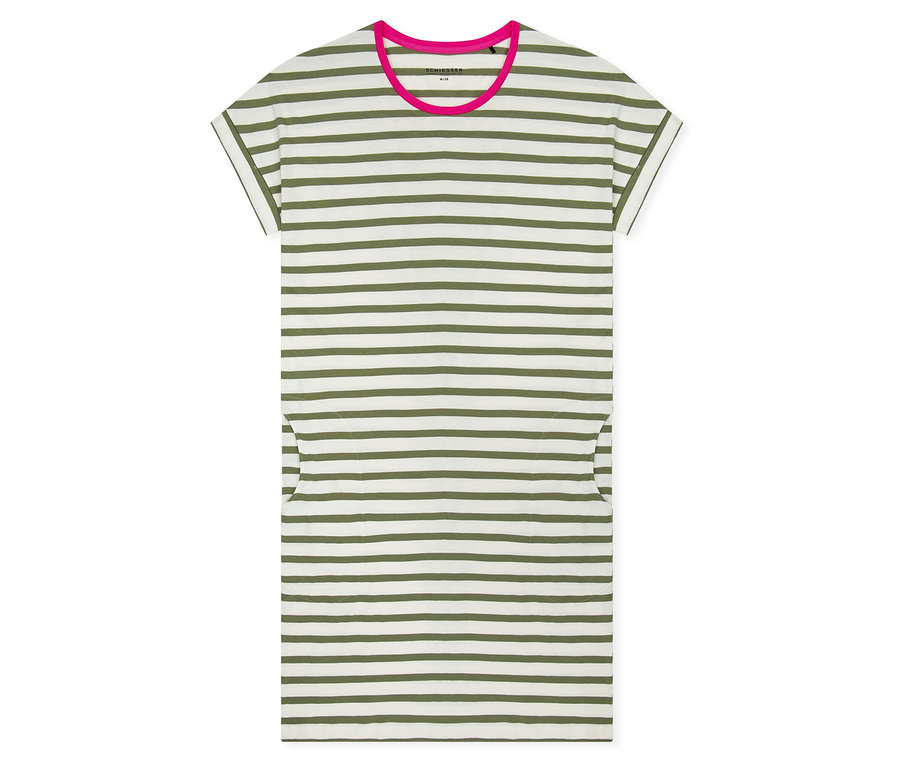 SCHIESSER Nachthemd, weiß mit olivgrünen Streifen, pinkem Rundhalsausschnitt, kurzen Ärmeln und zwei Seitentaschen.