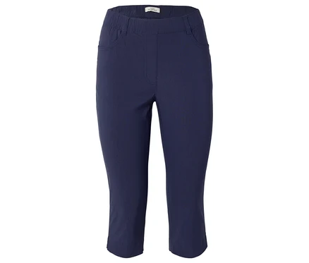 Marineblaue Caprihose mit Gummibund und zwei Taschen.