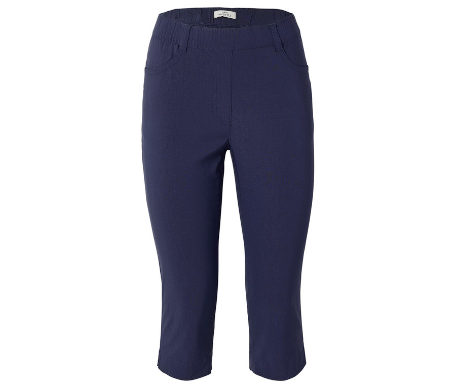 Marineblaue Caprihose mit Gummibund und zwei Taschen.