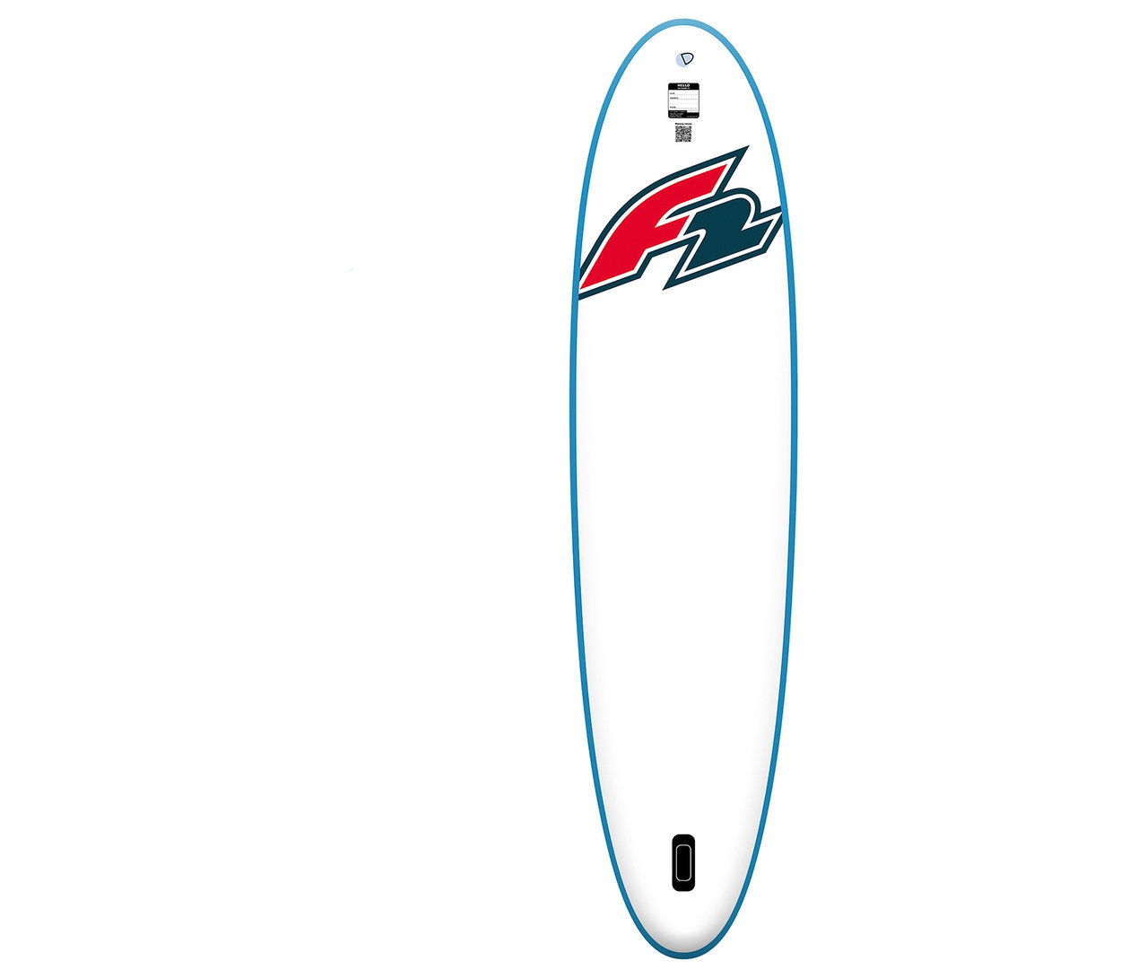 Weißes F2 SUP Board »Ocean ltd« mit blauem Rand und rotem Logo.