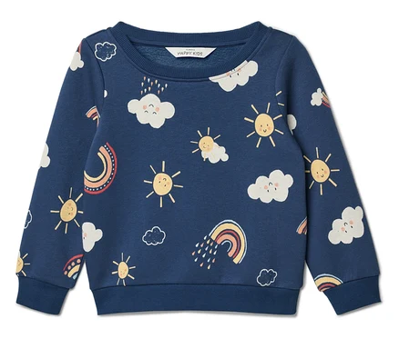 Blauer Pullover mit Wolken-, Sonnen- und Regenbogenmuster.