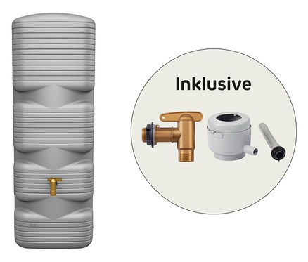Grauer Regenwassertank mit goldenem Hahn, daneben Zubehörteile in einem Kreis mit dem Wort Inklusive.