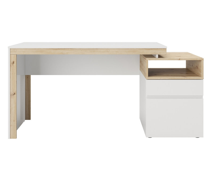 Weißer und hellbrauner Schreibtisch mit Schubladen und Ablagefächern.