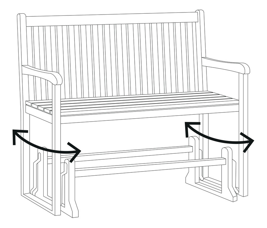 Skizze einer Gartenbank mit Schaukelbewegung, die durch Pfeile angedeutet wird.