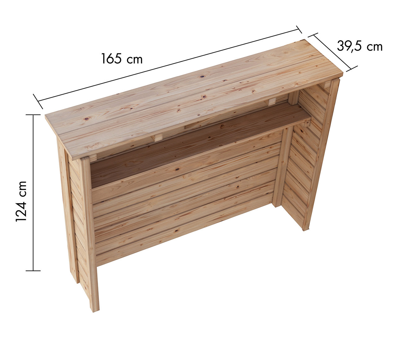Karibu Garten-Bartisch-und-Theke mit 28 mm Wandstärke, mit den Maßen 165 cm Länge, 124 cm Höhe und 39,5 cm Breite.