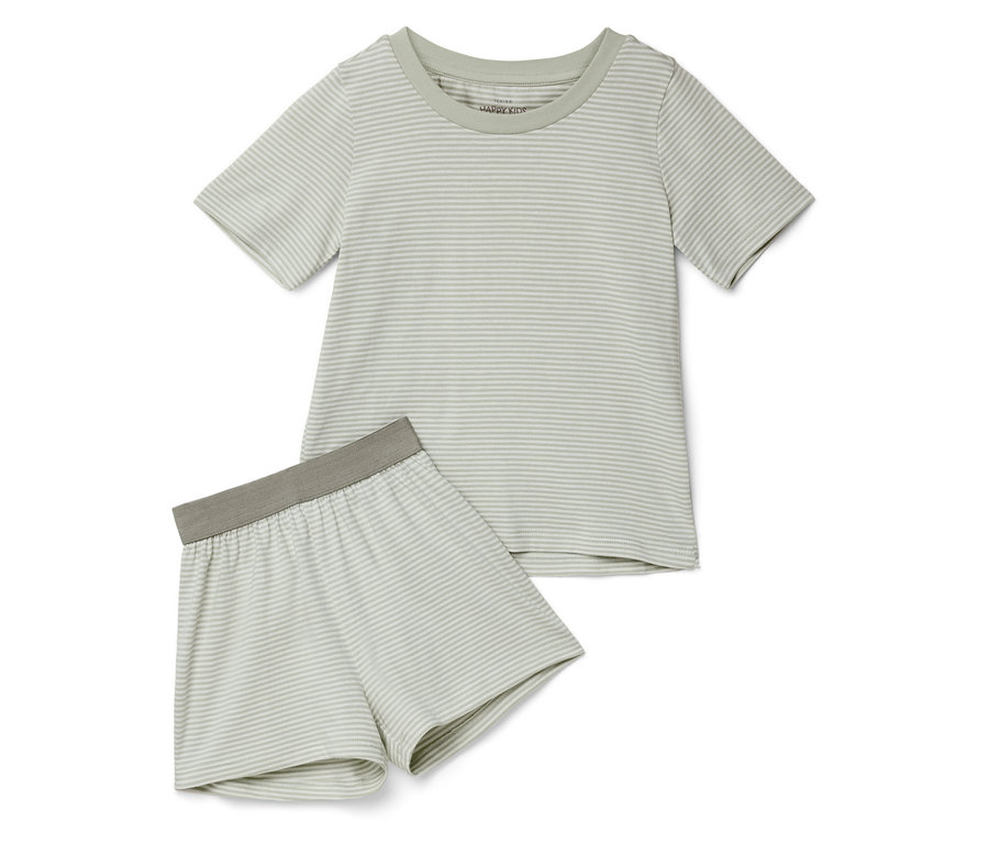 Gestreiftes Kurzarm-Pyjama-Set in Hellgrün, bestehend aus einem Oberteil und Shorts.