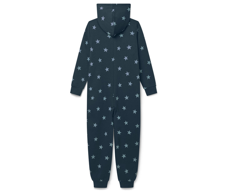 Dunkelblauer Ganzkörper-Schlafanzug mit Kapuze und Sternenmuster, von hinten gesehen.