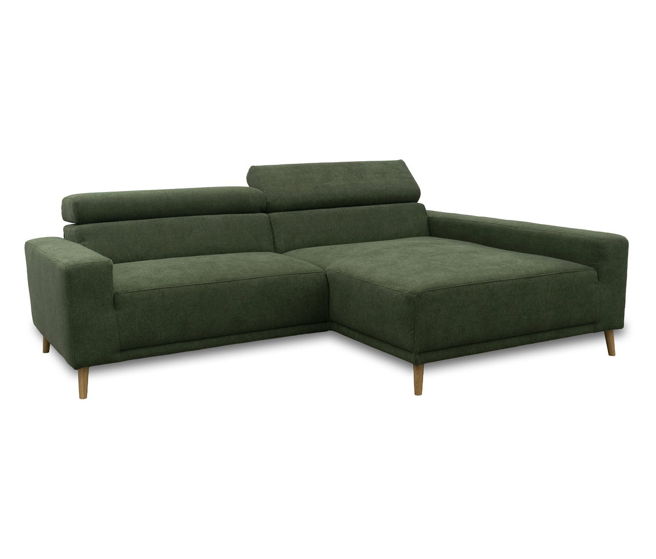 DOMO Sofa »Malmö« in Grün mit Longchair rechts, Kopfteilverstellung und Holzfüßen.