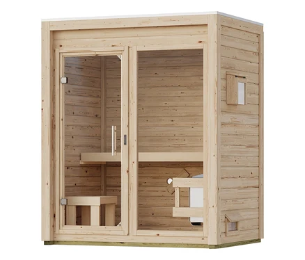 Karibu Saunahaus »Clio 1«, finnisch, aus hellem Holz mit großer Glastür, zwei Holzbänken und Saunaofen. Das Dach ist mit Dachfolie versehen.